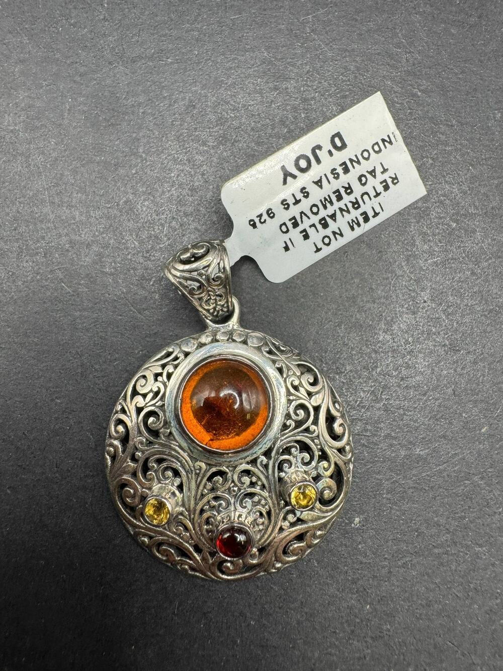 D'JOY 925 Sterling Silver Amber Garnet Citrine Filigree Round Pendant Jewelry